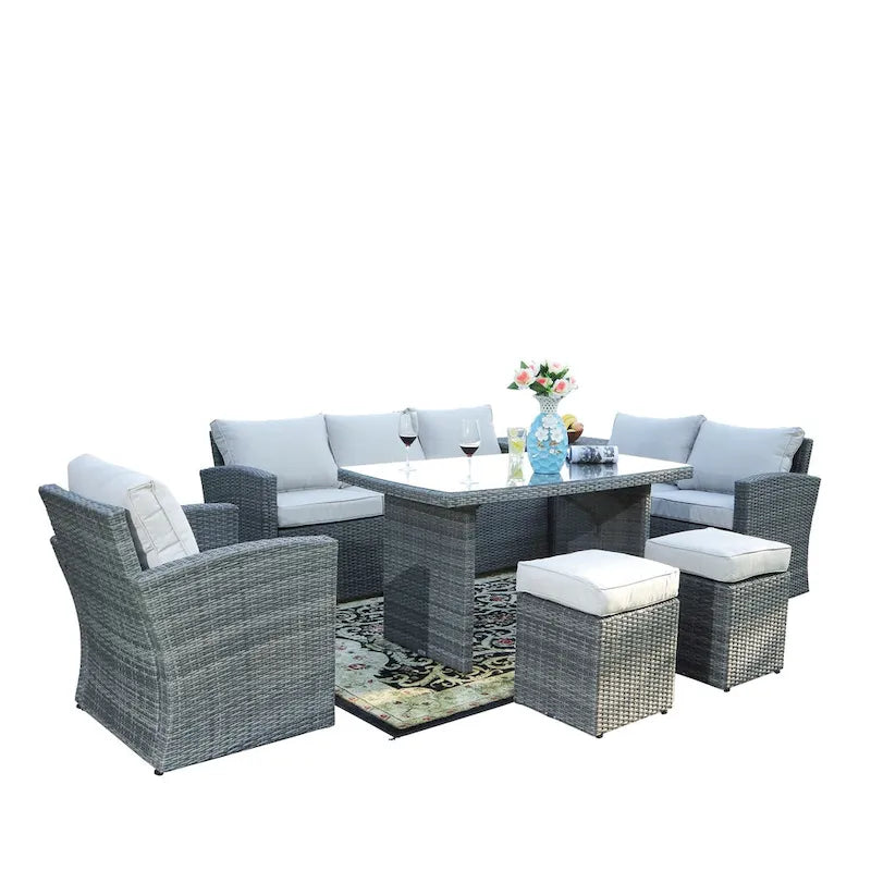 Ensemble de canapé d'angle d'extérieur 7 places en osier avec coffre de rangement et pouf