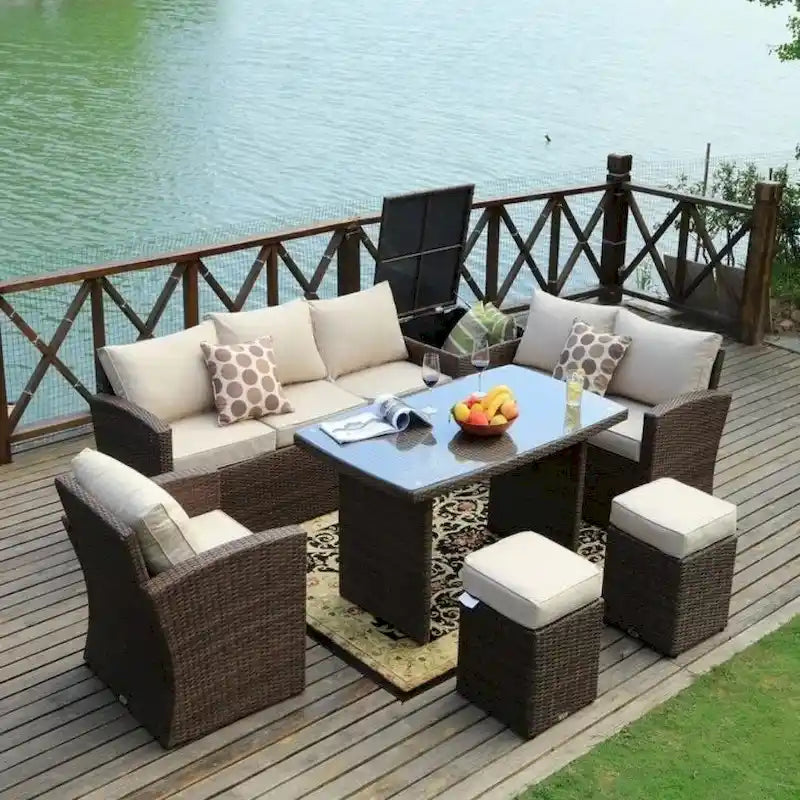 Ensemble de canapé d'angle d'extérieur 7 places en osier avec coffre de rangement et pouf