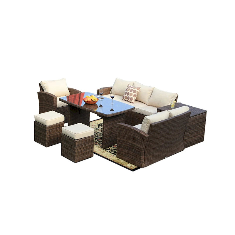 Ensemble de canapé d'angle d'extérieur 7 places en osier avec coffre de rangement et pouf