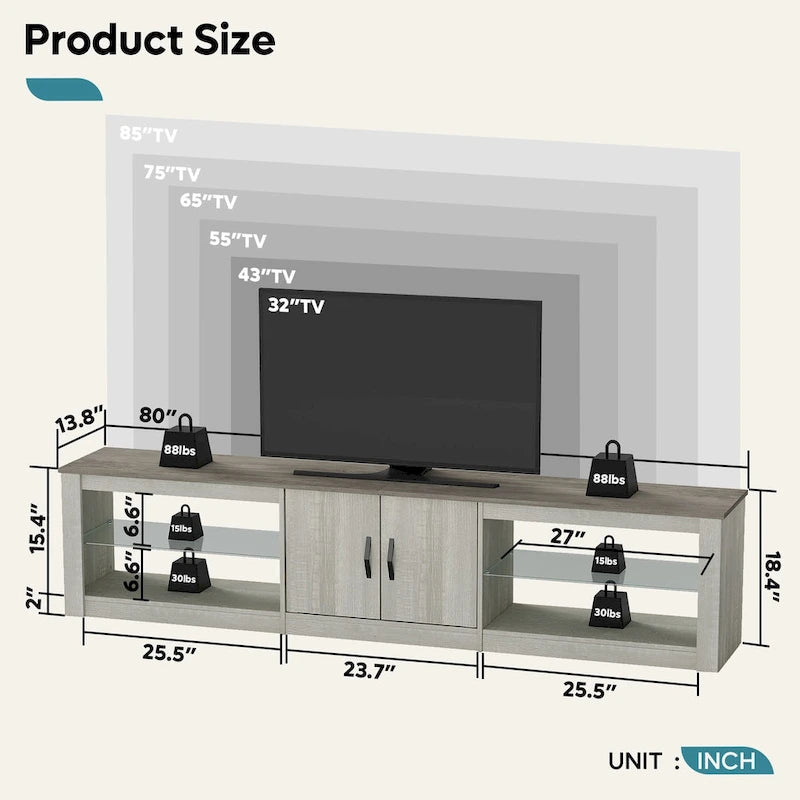 Meuble TV LED de 80 po pour téléviseurs jusqu'à 85 po avec deux armoires de rangement - 80 pouces
