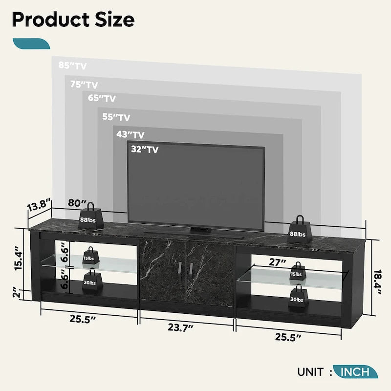 Meuble TV LED de 80 po pour téléviseurs jusqu'à 85 po avec deux armoires de rangement - 80 pouces