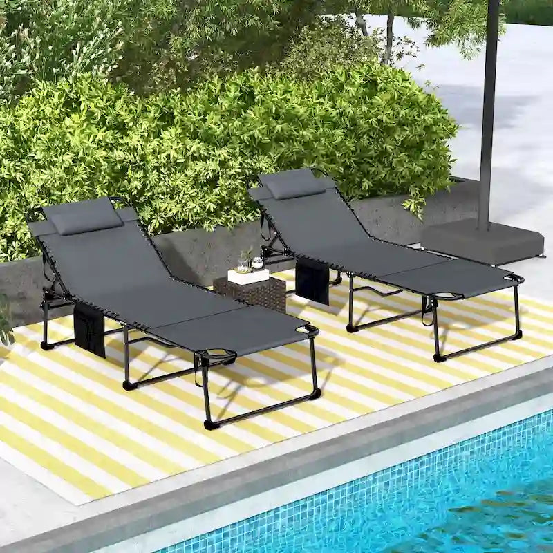 Outsunny Chaise longue pliante 2 pièces avec dossier inclinable sur 5 niveaux, chaise de bronzage d'extérieur avec trou pour le visage pour la lecture