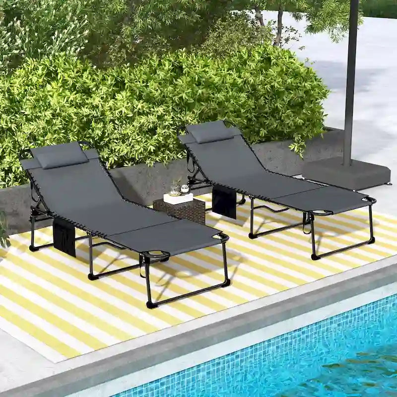 Outsunny 2 Piece Folding Chaise Lounge with 5-level Reclining Back, Outdoor Tanning Chair with Reading Face Hole