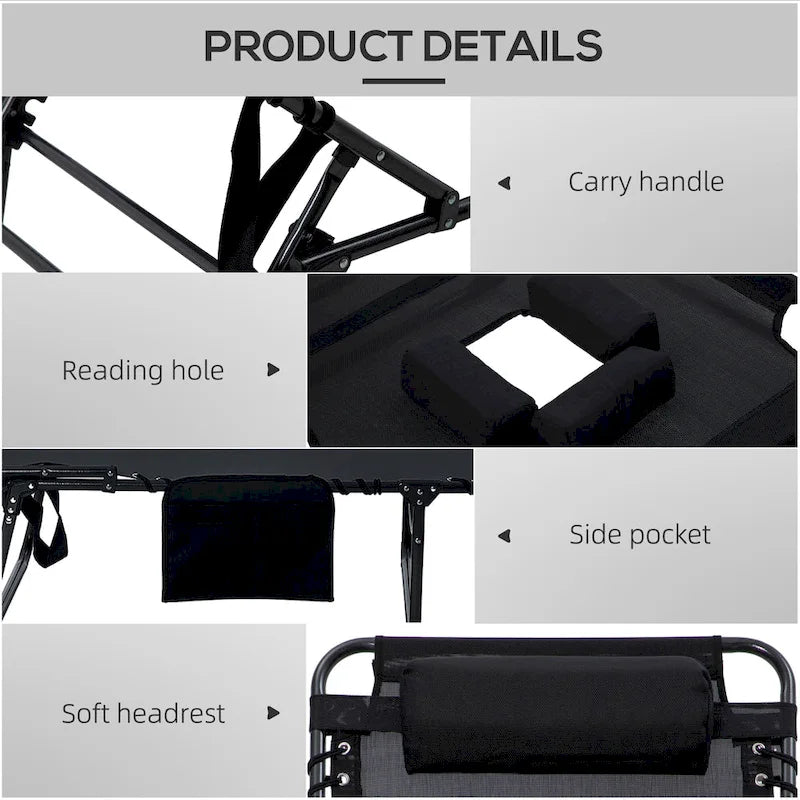 Outsunny Chaise longue pliante 2 pièces avec dossier inclinable sur 5 niveaux, chaise de bronzage d'extérieur avec trou pour le visage pour la lecture