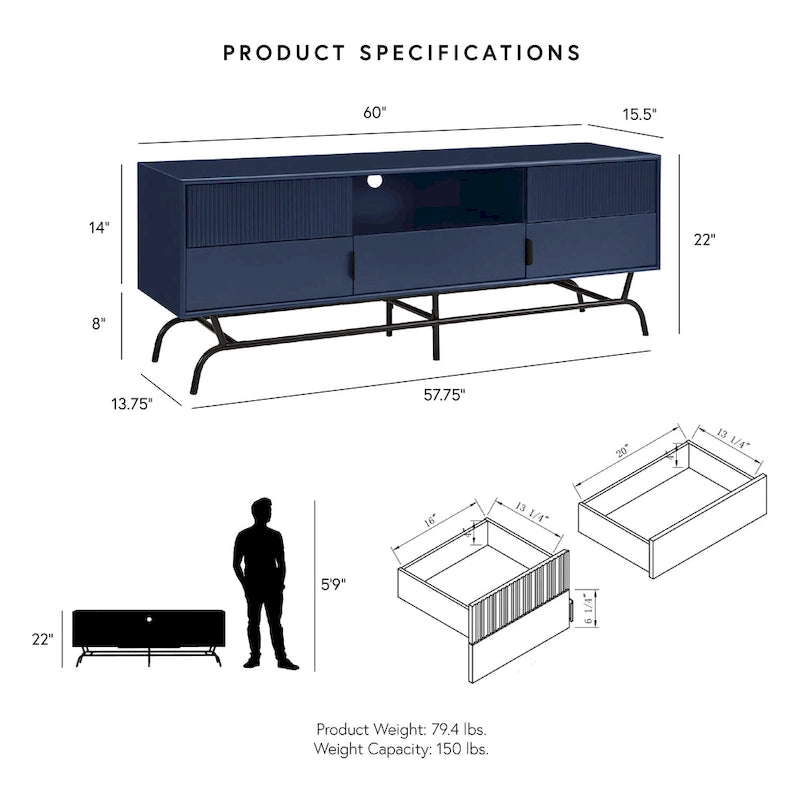 Meuble TV DH BASIC Modern avec 3 tiroirs et passe-câbles de 60 pouces par Denhour