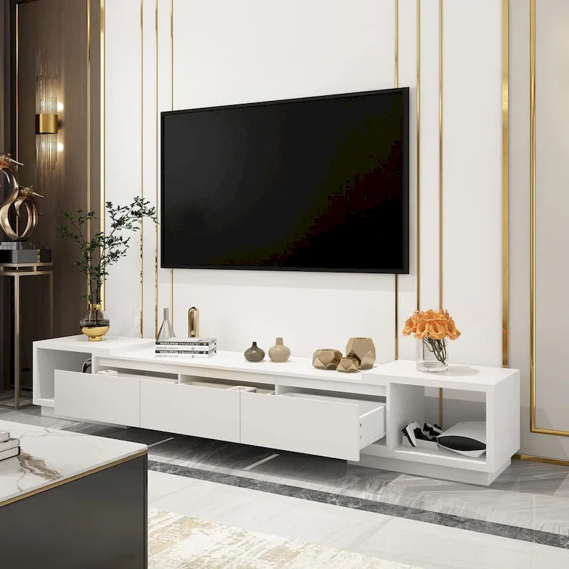 Meuble TV extensible avec rangement, console multimédia, centre de divertissement moderne