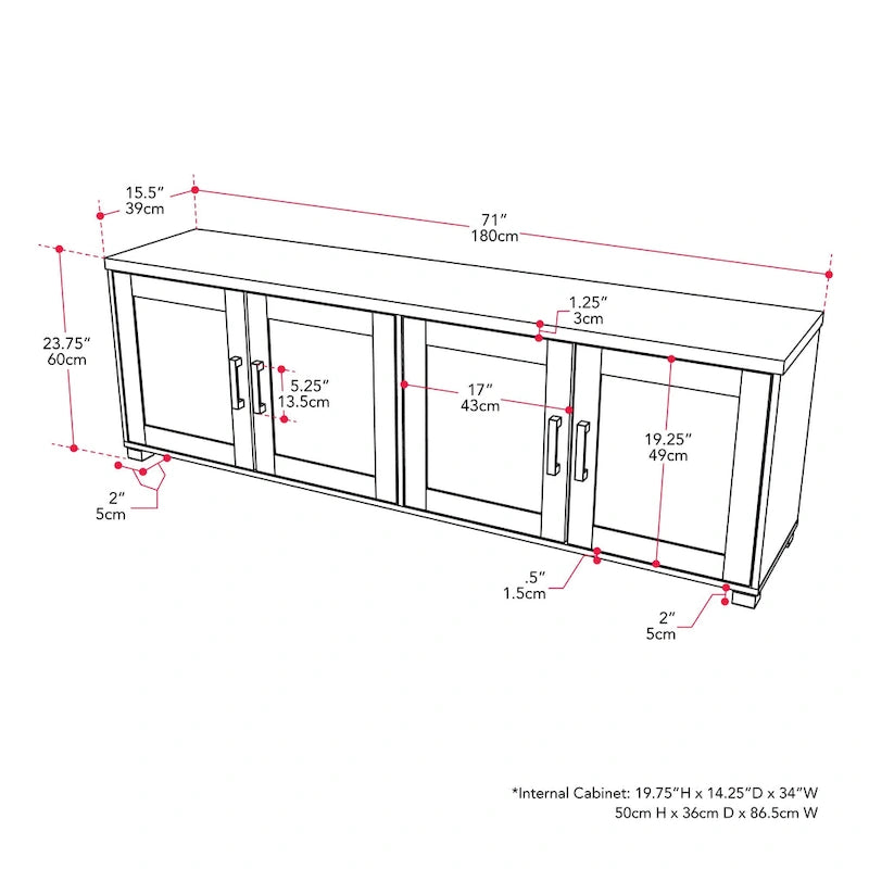 Meuble TV de 71 pouces de large avec portes de rangement, pour téléviseurs jusqu'à 85 pouces