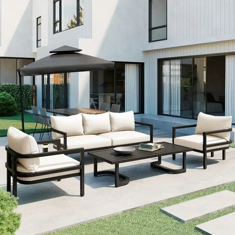 4-Piece Patio Furniture Set, Outdoor Sectional Sofa Set Steel Conversation Set with Loveseat, 2 Armchairs and Coffee Table