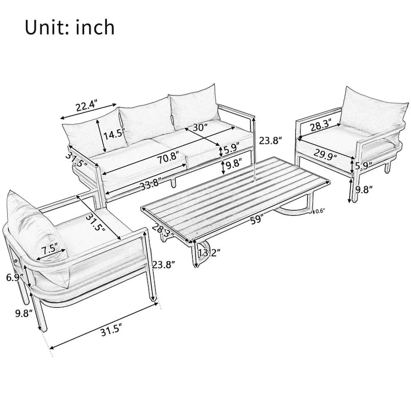 Ensemble de meubles de patio 4 pièces, ensemble de canapés modulaires d'extérieur en acier avec causeuse, 2 fauteuils et table basse