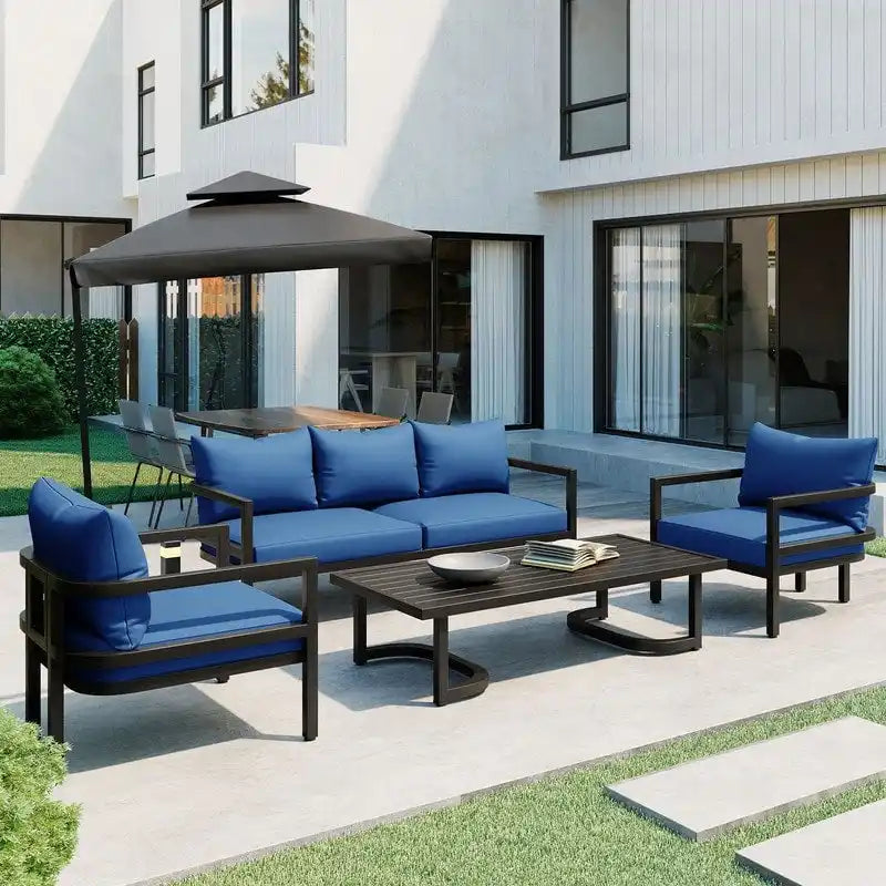 Ensemble de meubles de patio 4 pièces, ensemble de canapés modulaires d'extérieur en acier avec causeuse, 2 fauteuils et table basse