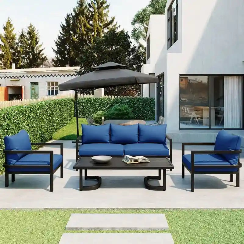 Ensemble de meubles de patio 4 pièces, ensemble de canapés modulaires d'extérieur en acier avec causeuse, 2 fauteuils et table basse