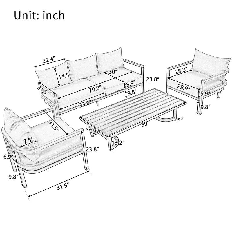 Ensemble de meubles de patio 4 pièces, ensemble de canapés modulaires d'extérieur en acier avec causeuse, 2 fauteuils et table basse