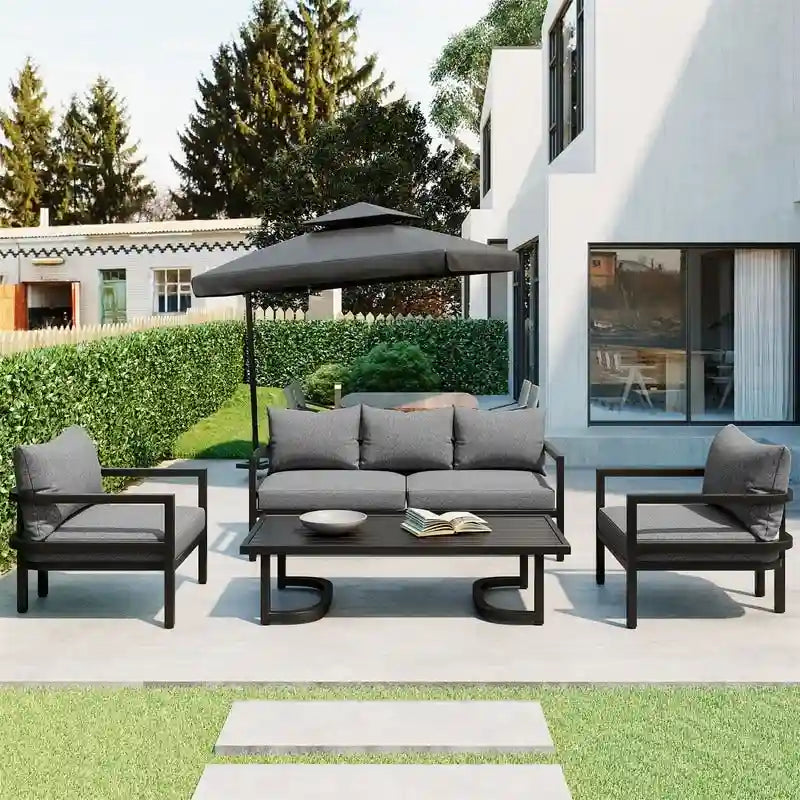 Ensemble de meubles de patio 4 pièces, ensemble de canapés modulaires d'extérieur en acier avec causeuse, 2 fauteuils et table basse