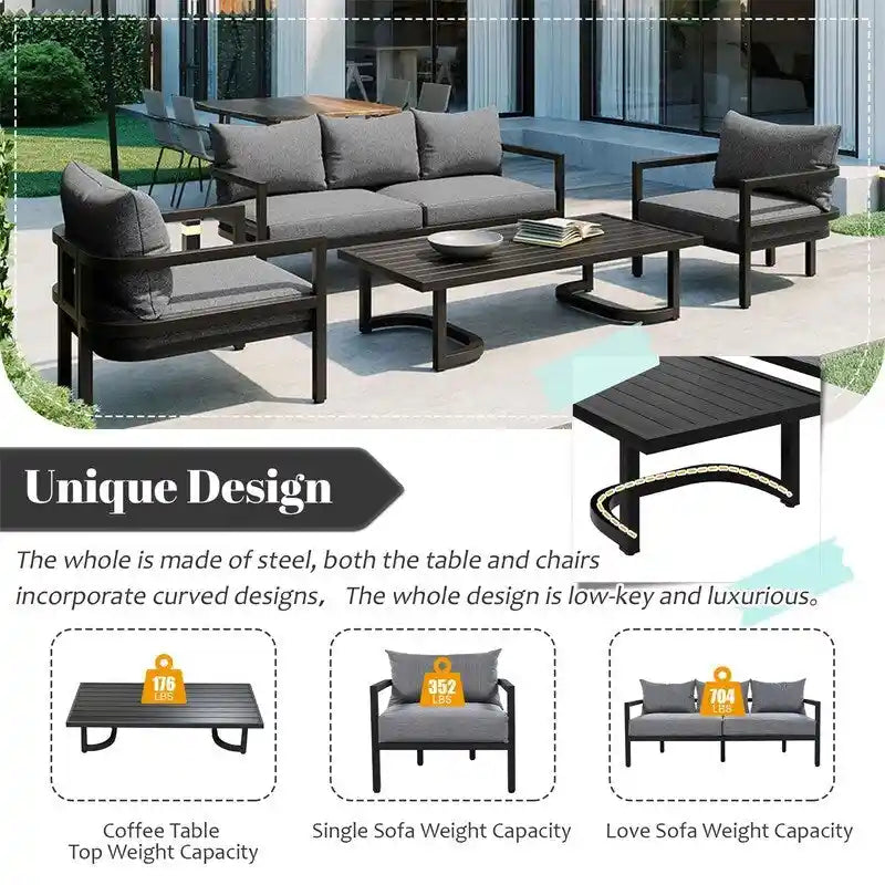 Ensemble de meubles de patio 4 pièces, ensemble de canapés modulaires d'extérieur en acier avec causeuse, 2 fauteuils et table basse