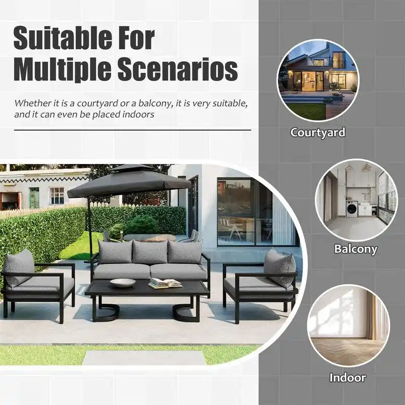 Ensemble de meubles de patio 4 pièces, ensemble de canapés modulaires d'extérieur en acier avec causeuse, 2 fauteuils et table basse