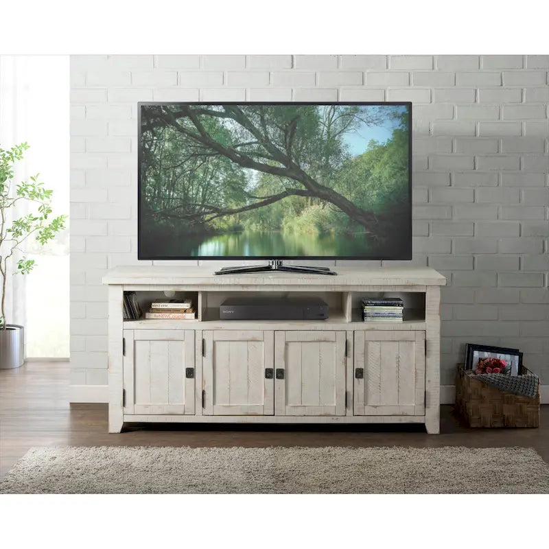 Meuble TV Nantucket en bois massif de 65 po de large avec rangement