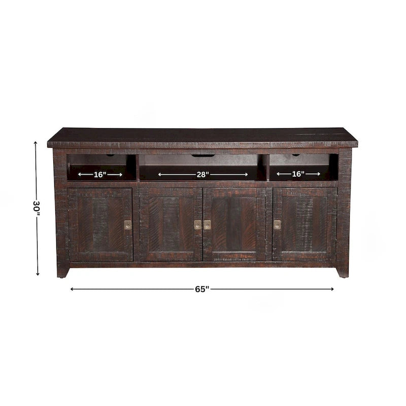 Meuble TV Nantucket en bois massif de 65 po de large avec rangement