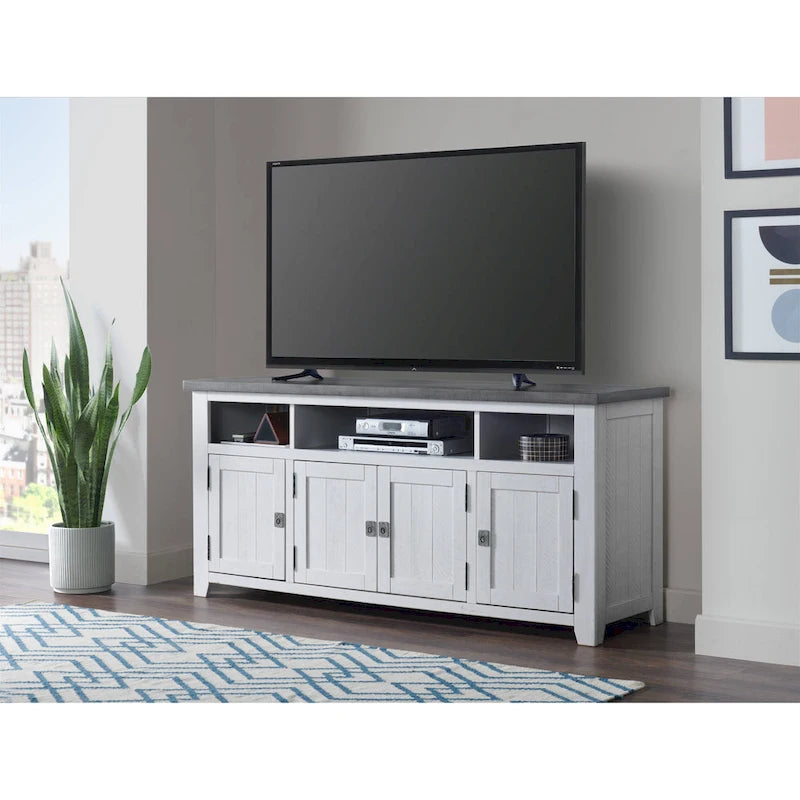 Meuble TV Nantucket en bois massif de 65 po de large avec rangement