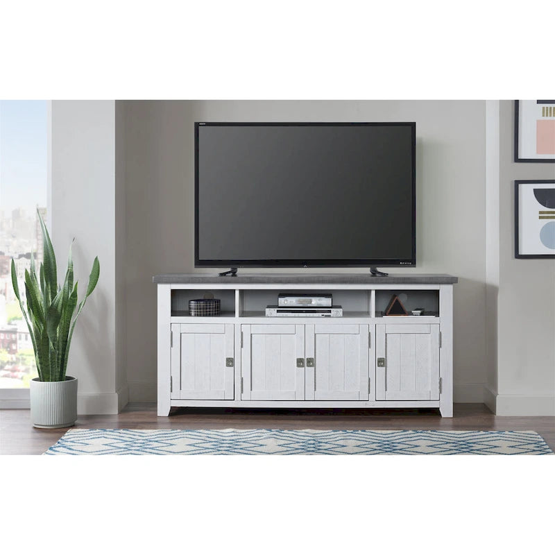 Meuble TV Nantucket en bois massif de 65 po de large avec rangement