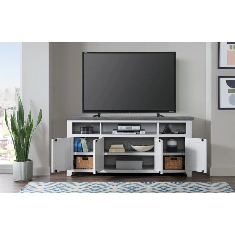 Meuble TV Nantucket en bois massif de 65 po de large avec rangement