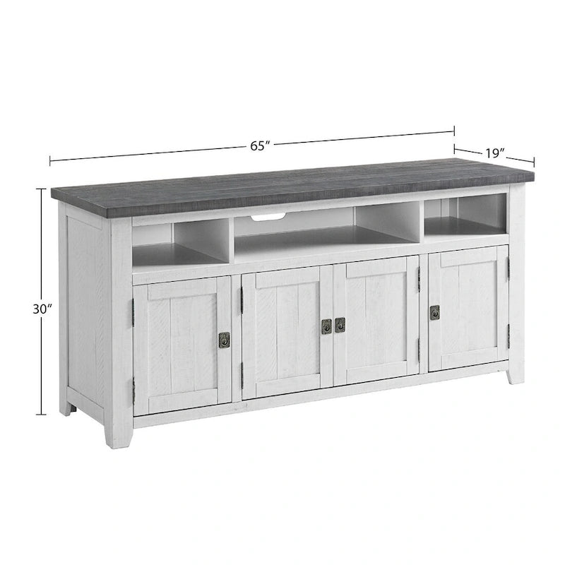 Meuble TV Nantucket en bois massif de 65 po de large avec rangement