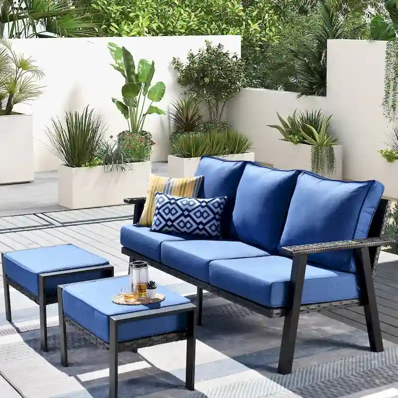 OVIOS Salon de jardin 3 pièces en osier avec ottoman, structure en acier