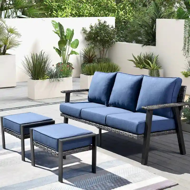 OVIOS Salon de jardin 3 pièces en osier avec ottoman, structure en acier