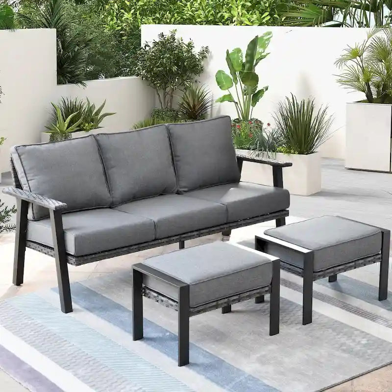 OVIOS Salon de jardin 3 pièces en osier avec ottoman, structure en acier