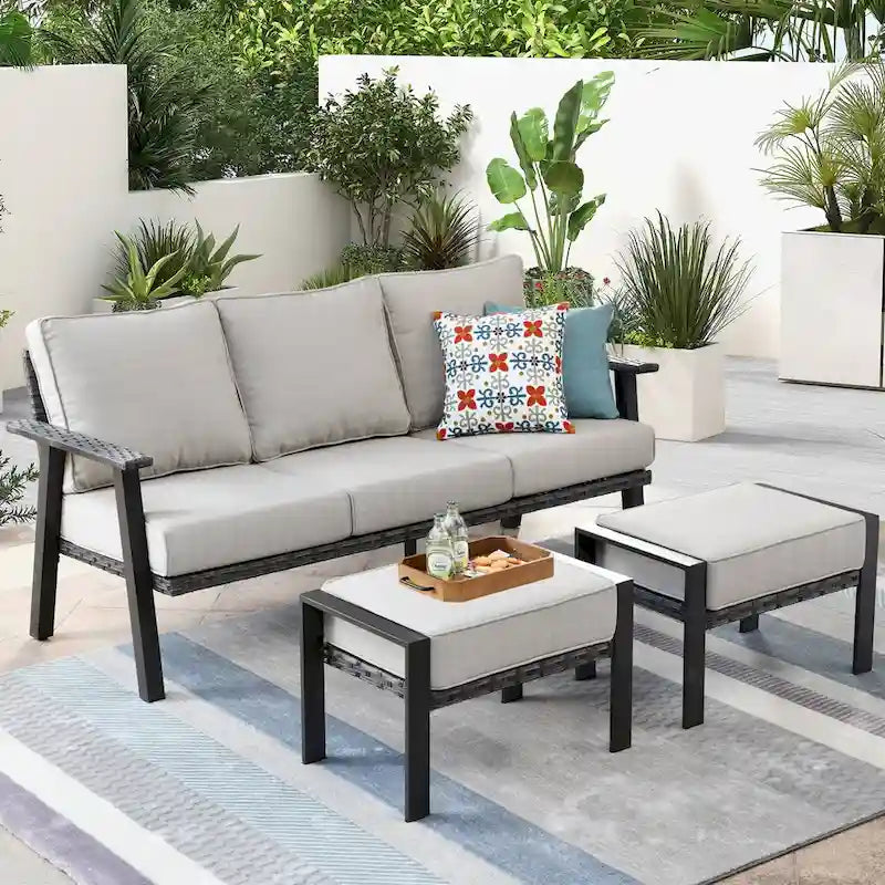 OVIOS Salon de jardin 3 pièces en osier avec ottoman, structure en acier
