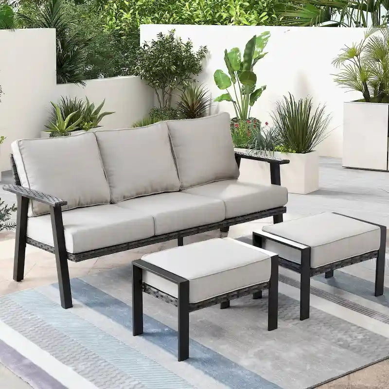 OVIOS Salon de jardin 3 pièces en osier avec ottoman, structure en acier