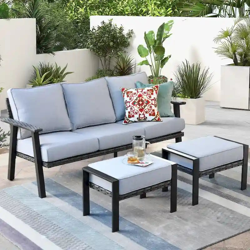OVIOS Salon de jardin 3 pièces en osier avec ottoman, structure en acier
