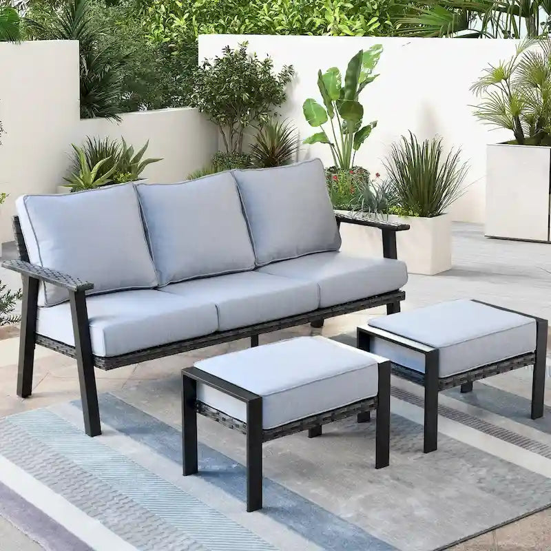 OVIOS Salon de jardin 3 pièces en osier avec ottoman, structure en acier