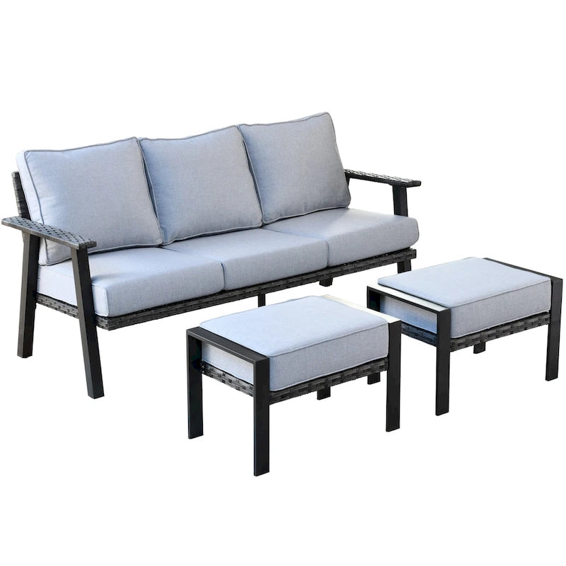 OVIOS Salon de jardin 3 pièces en osier avec ottoman, structure en acier