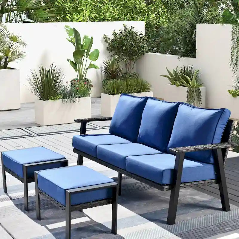 OVIOS Salon de jardin 3 pièces en osier avec ottoman, structure en acier