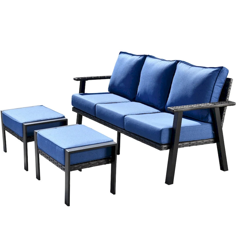 OVIOS Salon de jardin 3 pièces en osier avec ottoman, structure en acier