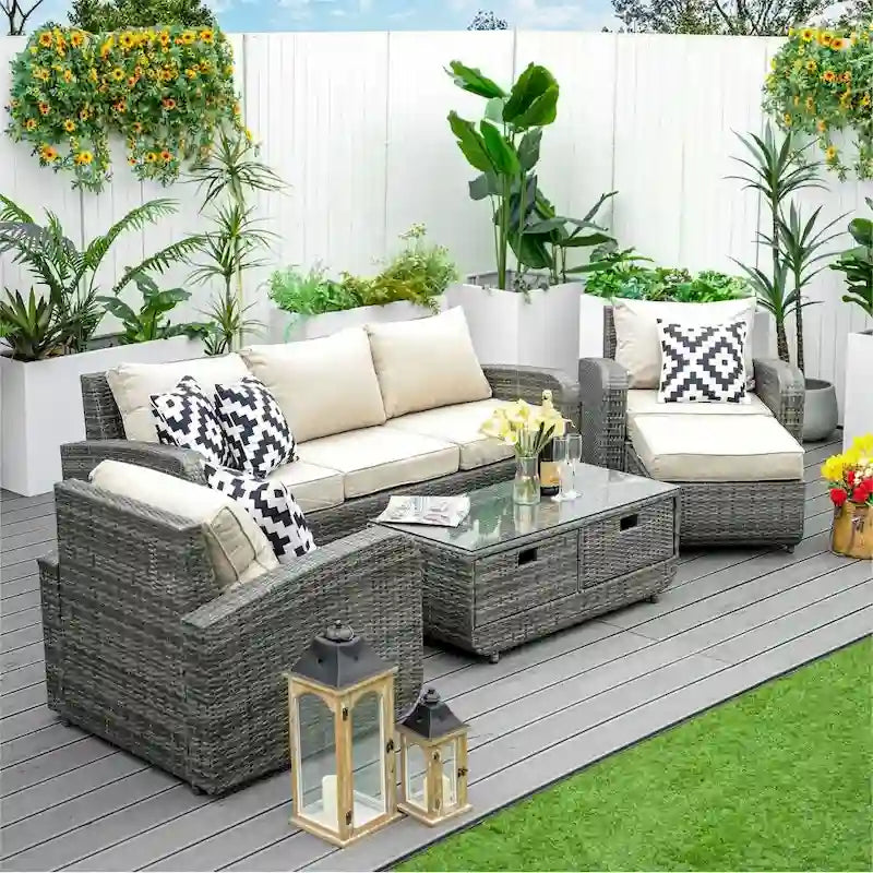 Canapé d'angle de patio 5 pièces avec table d'appoint de rangement