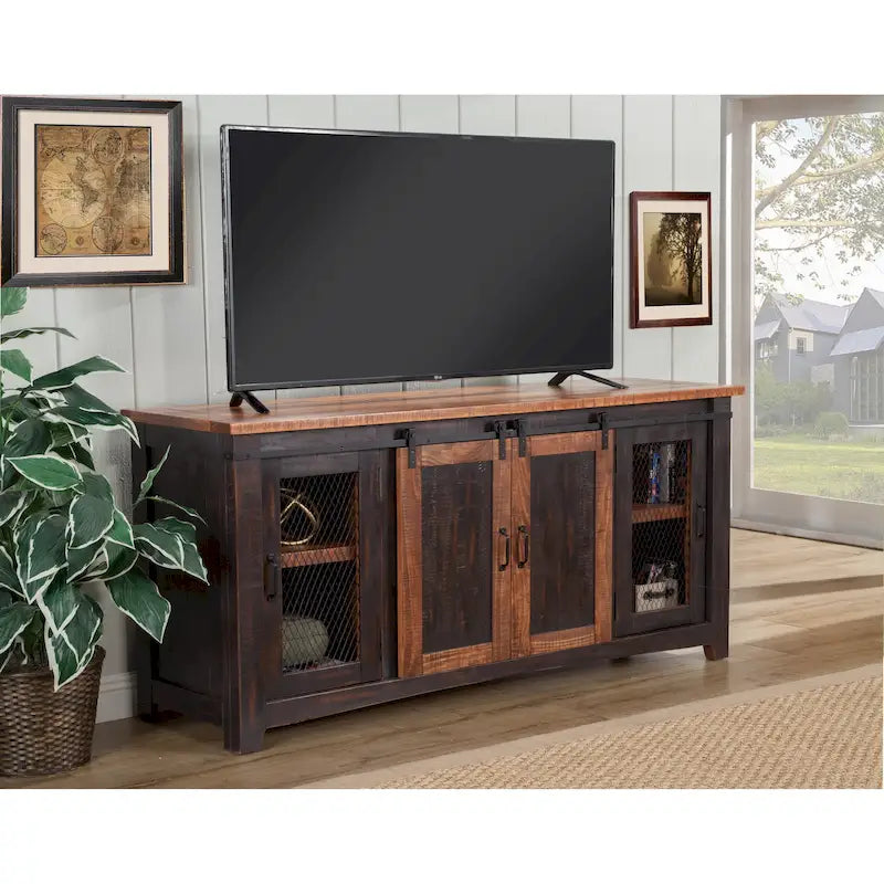Meuble TV en bois massif de 65 po de large style campagnard rustique