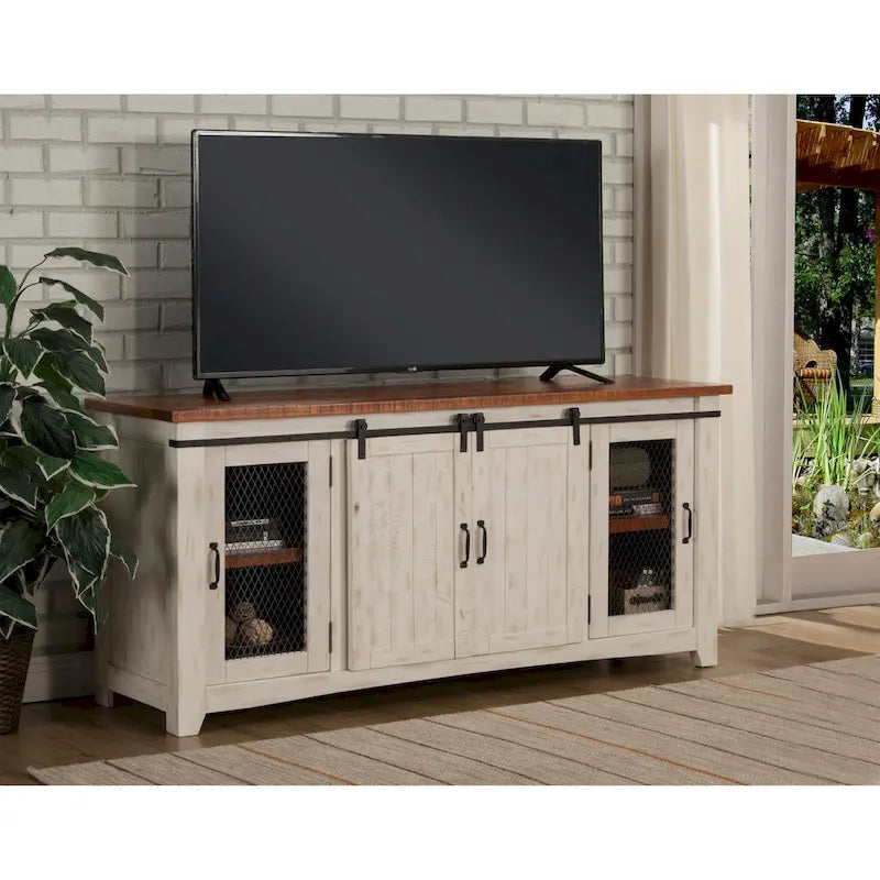 Meuble TV en bois massif de 65 po de large style campagnard rustique