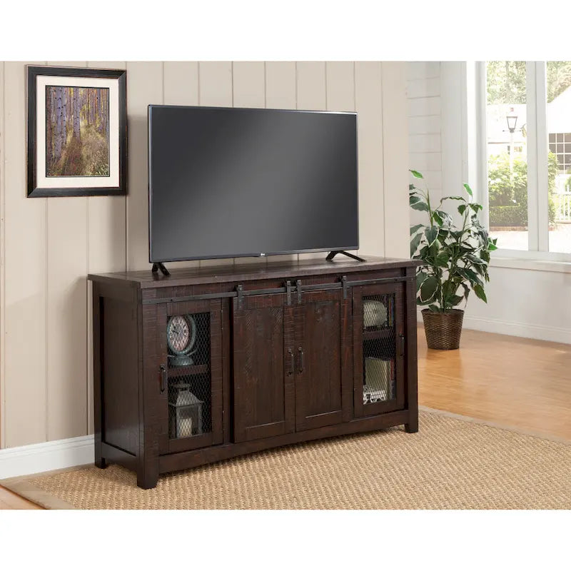 Meuble TV en bois massif de 65 po de large style campagnard rustique