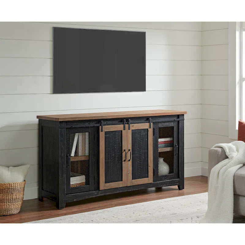 Meuble TV en bois massif de 65 po de large style campagnard rustique