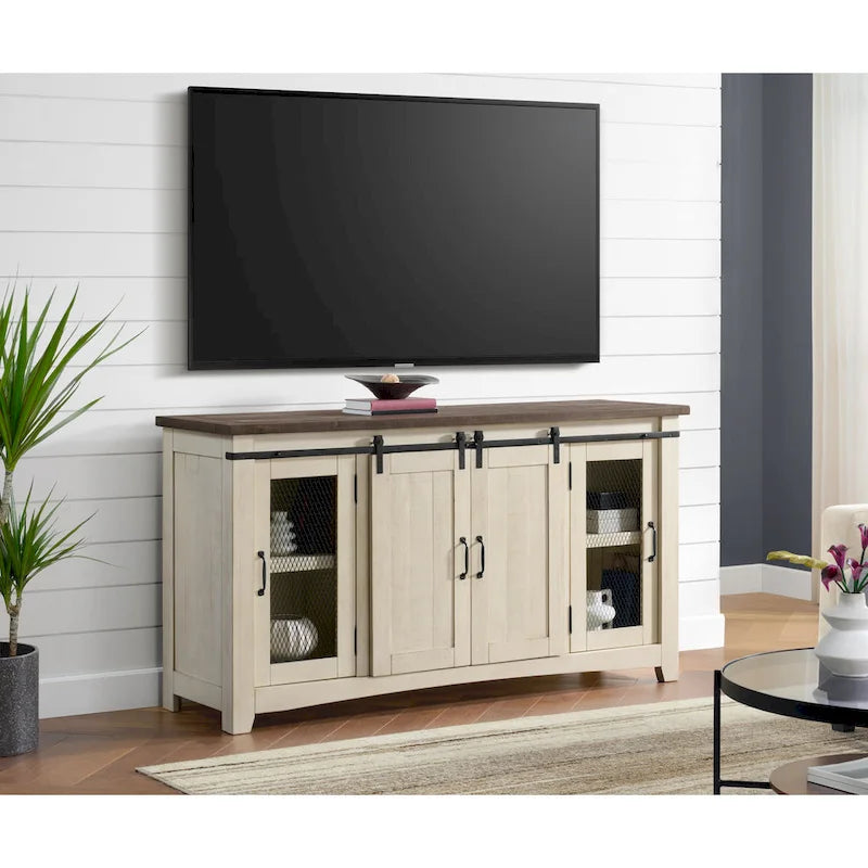 Meuble TV en bois massif de 65 po de large style campagnard rustique