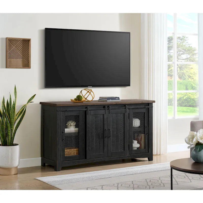 Meuble TV en bois massif de 65 po de large style campagnard rustique