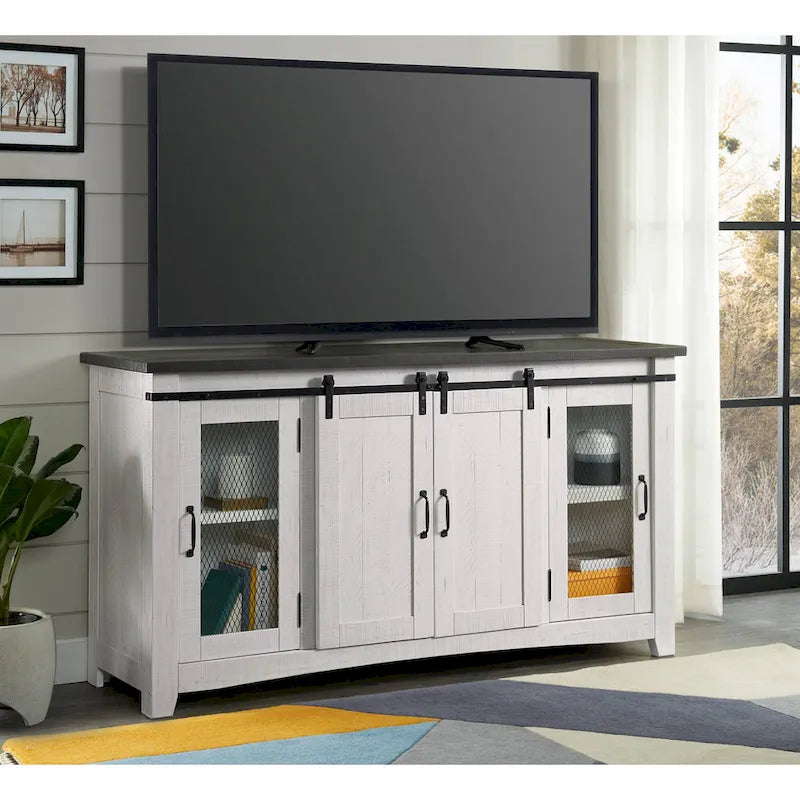 Meuble TV en bois massif de 65 po de large style campagnard rustique