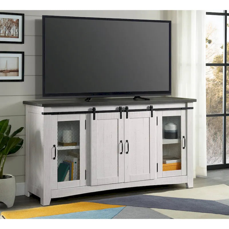Meuble TV en bois massif de 65 po de large style campagnard rustique