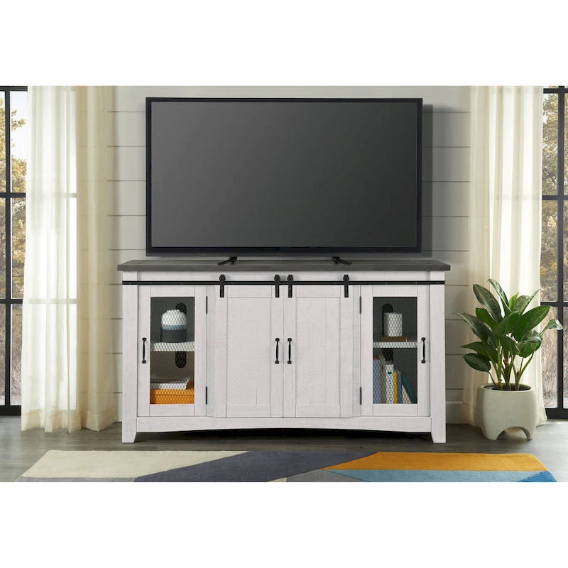 Meuble TV en bois massif de 65 po de large style campagnard rustique