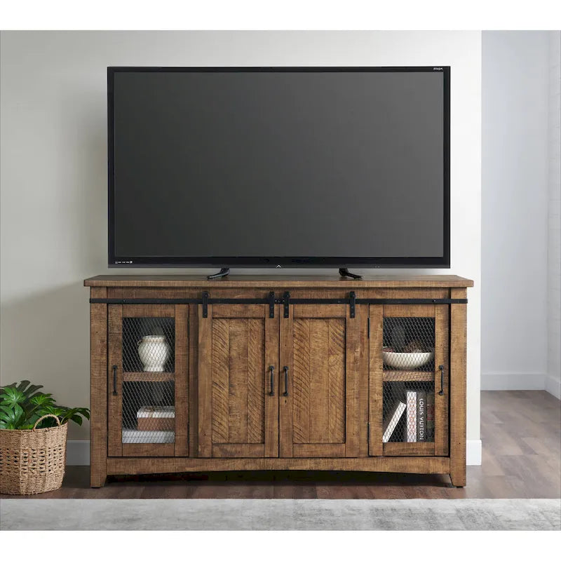 Meuble TV en bois massif de 65 po de large style campagnard rustique