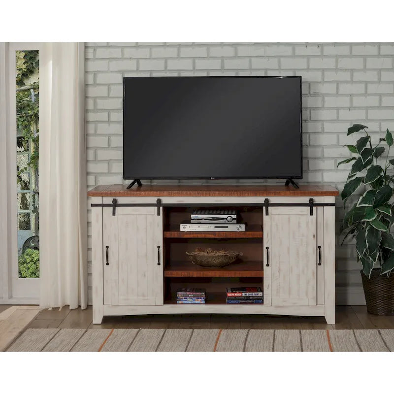 Meuble TV en bois massif de 65 po de large style campagnard rustique