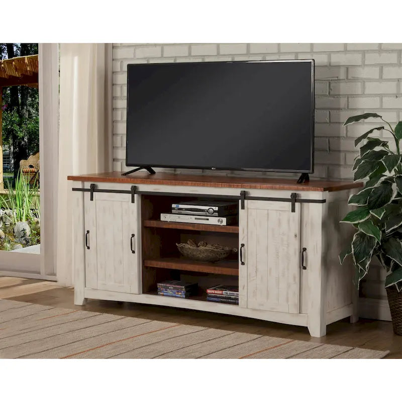 Meuble TV en bois massif de 65 po de large style campagnard rustique