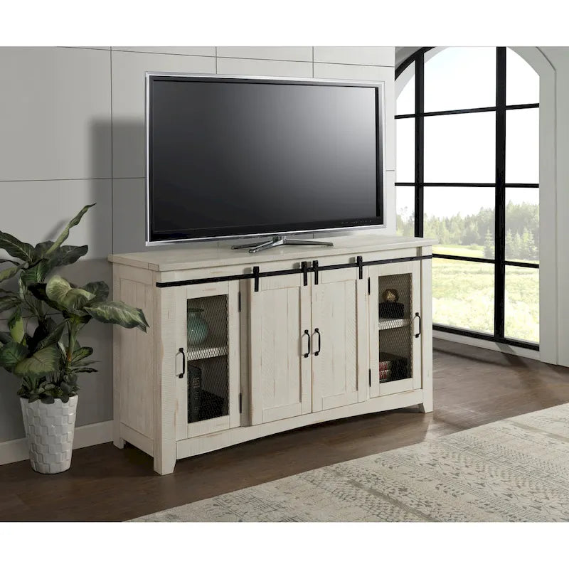 Meuble TV en bois massif de 65 po de large style campagnard rustique