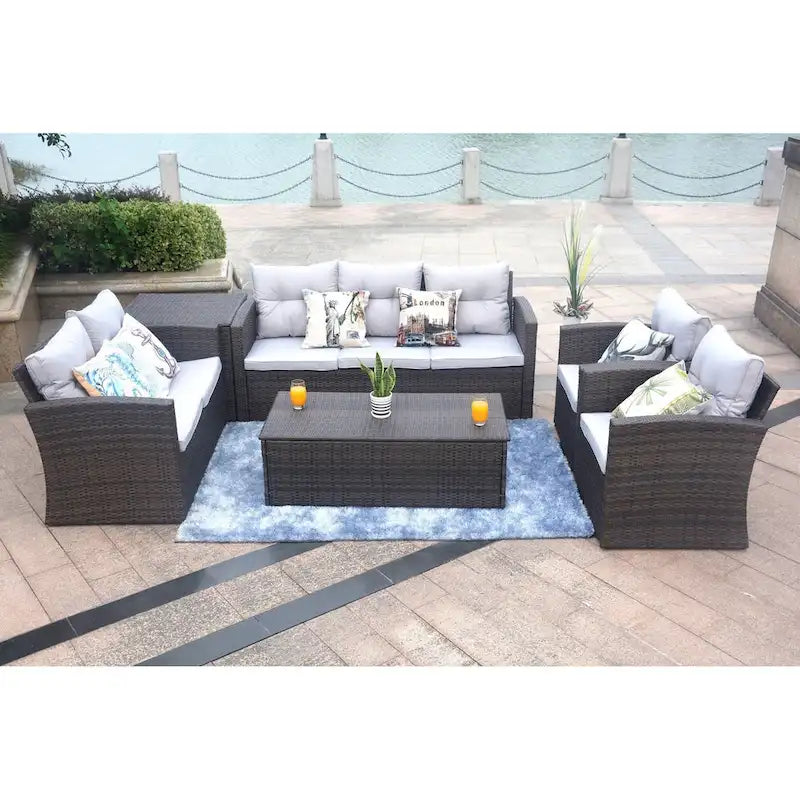 Moda 6 Pieces Wicker Sofa Set Outdoor Sectional Furniture(including a rain cover) - 9' x 12'